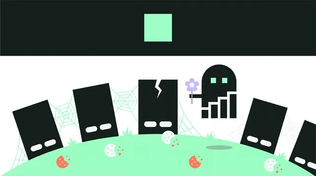 A moonlit hill of tombstones shaped like pop-up dialogs, bitten cookies in the grass, the ghost holding a lilac flower.