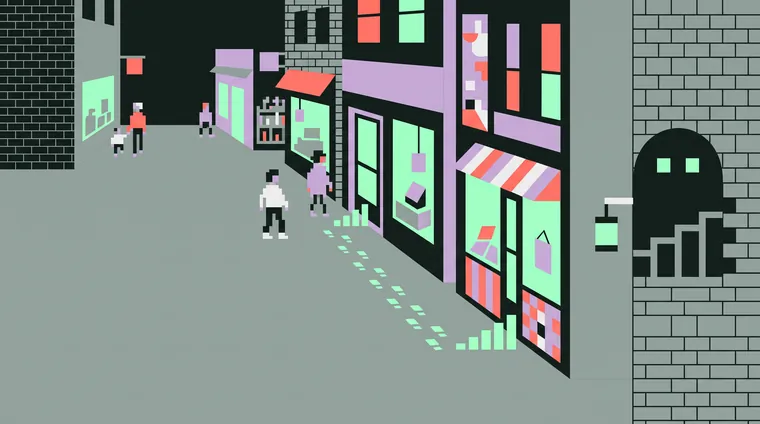 Night street of small shops. A geometric ghost slips through a brick wall holding a lantern while glowing footprints lead into a shop and small bars rise beside them.