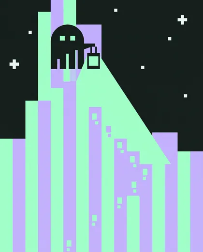 Tally the ghost holds a lantern on top of a tall mint and lilac bar chart at night.