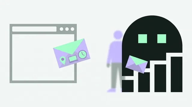 A browser window and a blurred visitor. Tally the ghost holds a sealed envelope beside a small bar chart.