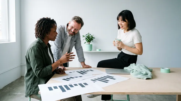 Three people at a studio table laughing over printed bar charts.
