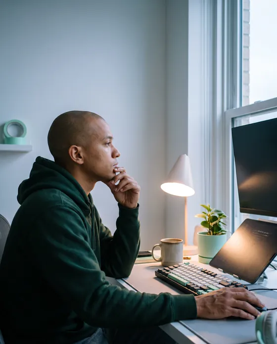 A developer thinks at a desk by a window at dusk.