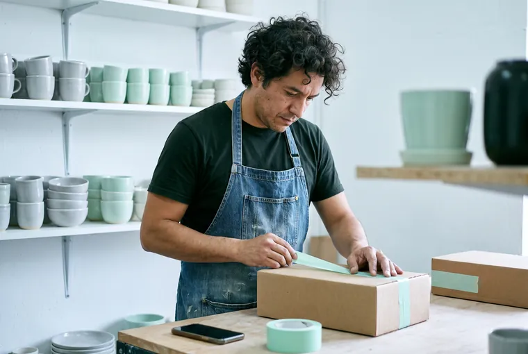 A ceramics maker tapes a parcel shut with mint tape in his workshop.