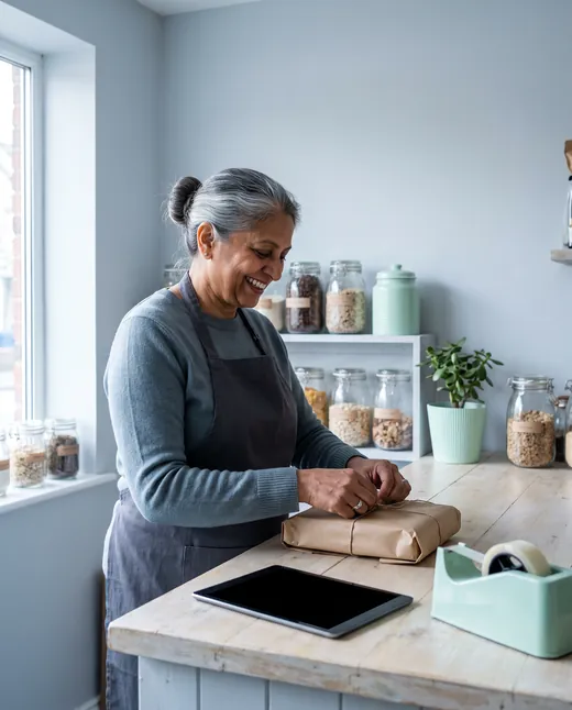 A shop owner wraps a parcel at her refill shop counter.